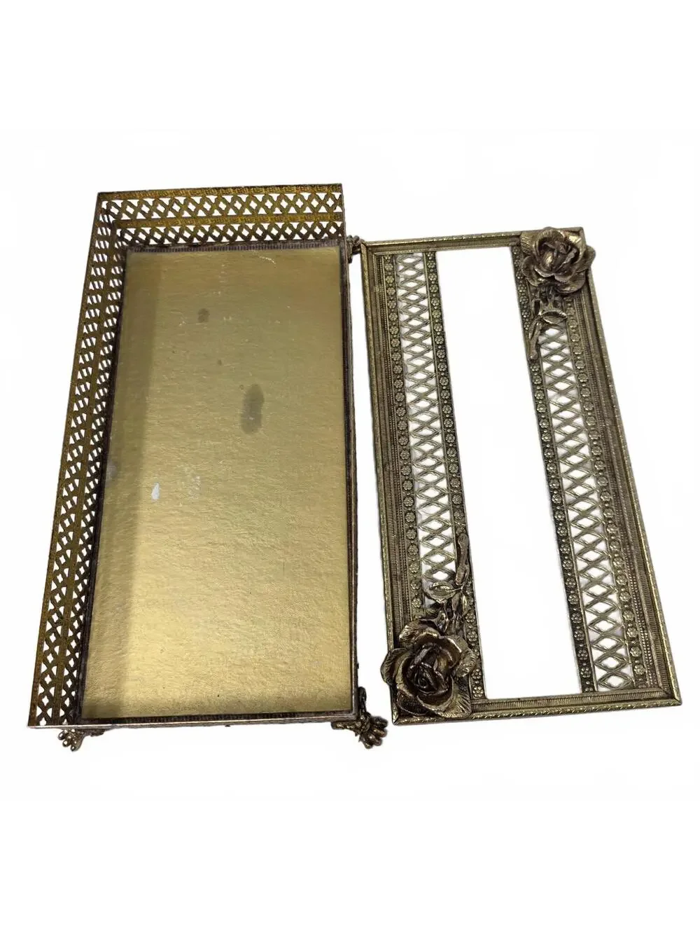 Vintage Gold-Tone Metal Filigree Tissue Box Cover Roses Hollywood Regency
